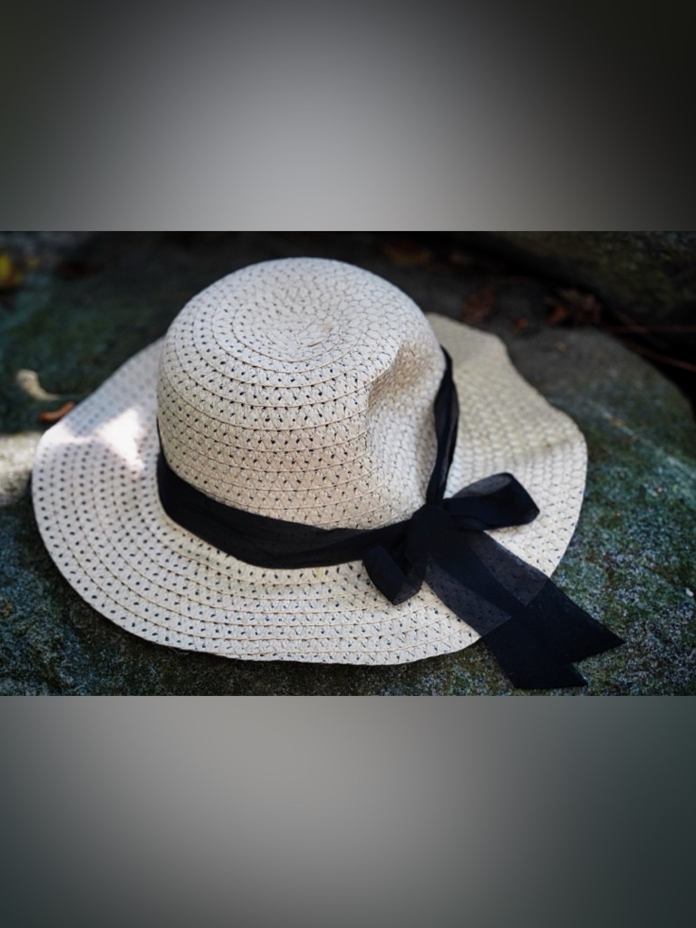 Cream Woven Straw Sun Hat - Sheer Black Organza Bow Accent